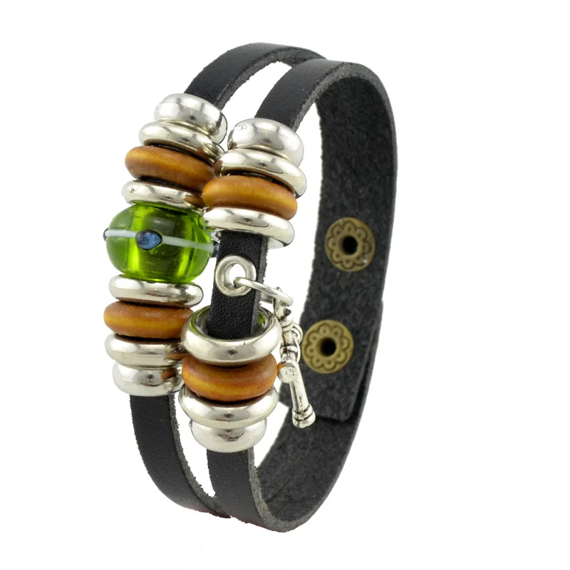 New Classical Style Leather Bracelets Green Austrian Crystal And Silver Cross Charm Bangle Hand Made Bracelet
