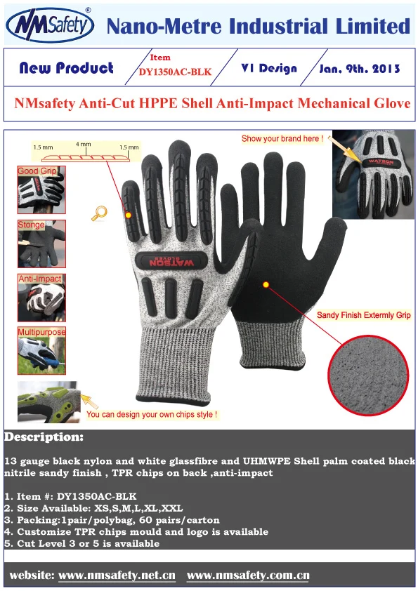 NMSAFETY 13 gauge orange HPPE linter coated sandy nitrile with TPR impact resistant work gloves