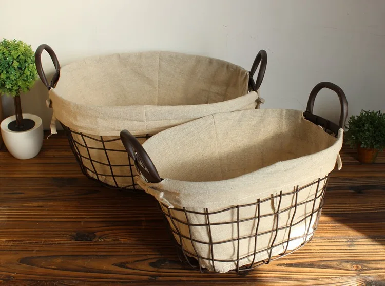 Metal wire and linen bag magazine Baskets, concise style