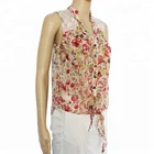 V Neck Printing Women Casual Tops sleeveless lace shoulder blouse