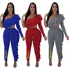 2019 hot sell 3 colors Sexy 2 Pieces Outfits Casual ruffle jogger set Off Shoulder Top and Bodycon Long Pants Set