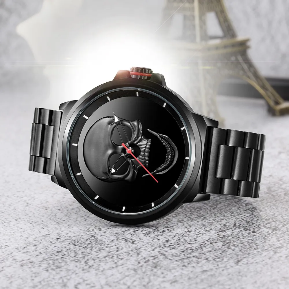 2018 skone 3d skull watches men luxury steel gold black