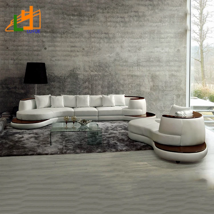Nuevo Modelo de fotos de cuero genuino blanco muebles de la sala de corte transversal juegos de sofá moderno diseño transversal curvada sofá