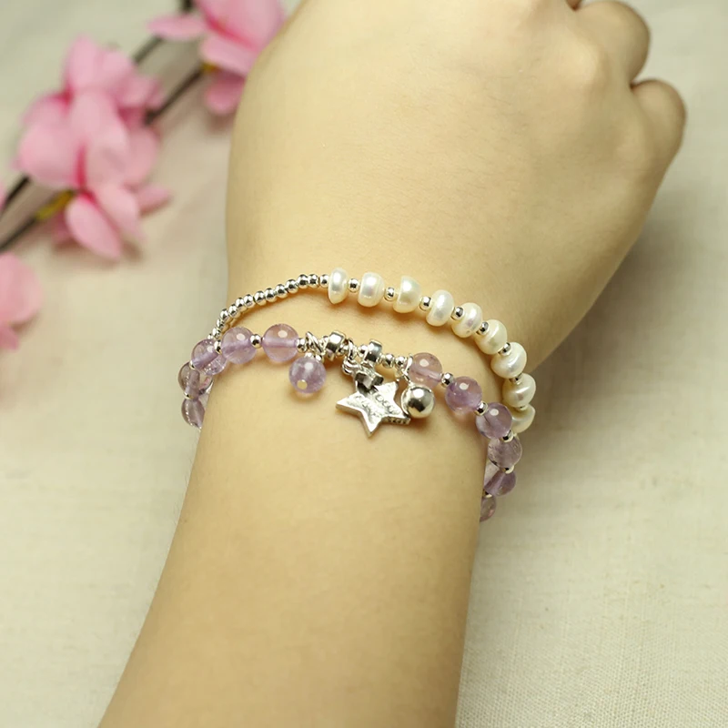 Sinya Girls Natural pearls Amethyst Bracelet in 925 sterling silver elastic bangles for Lover women ladies Mum best gift 2018  (9)