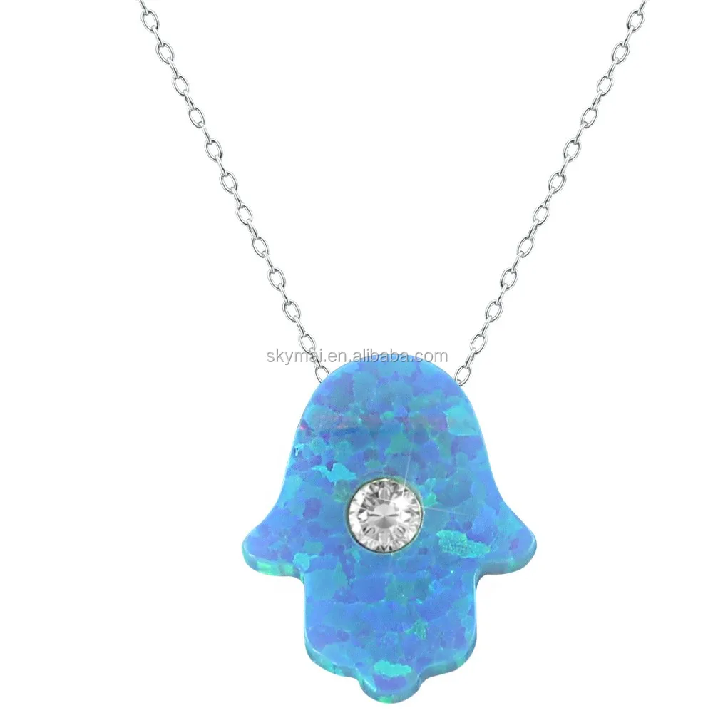 Hot sale opal blue hamsa hand pendant jewelry,925 sterling silver stone turkish Israel necklace