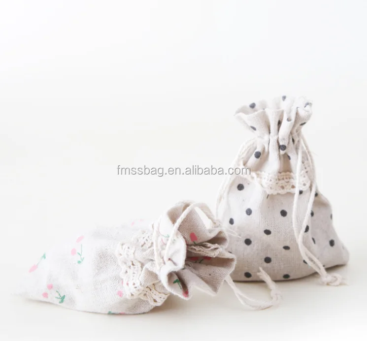 eco-friendly cotton flower design drawstring pouch bag with lace