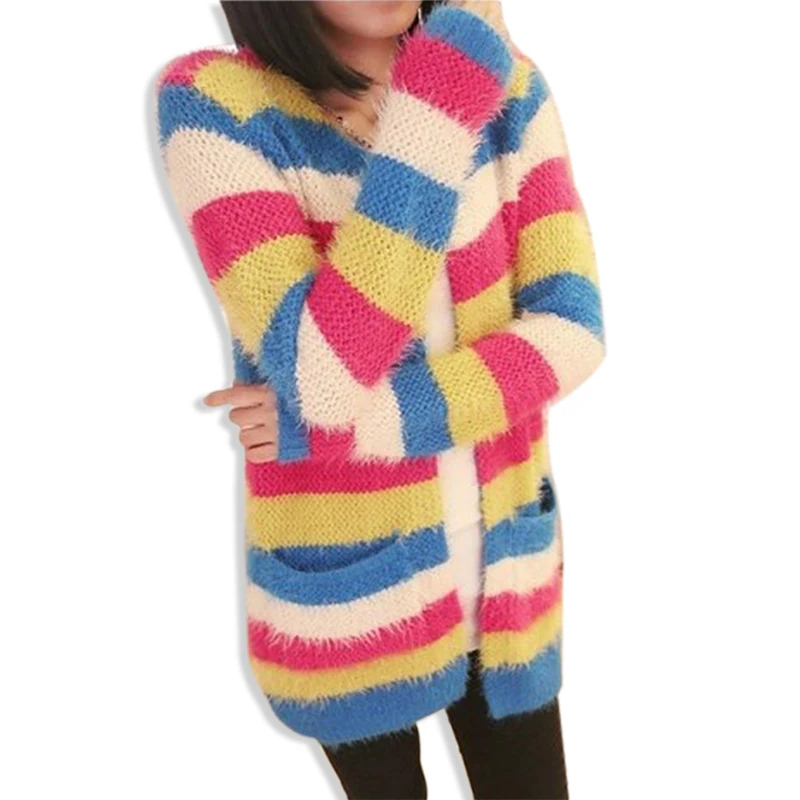 New Striped Long Knitted Mohair Cardigan Feminino Women Long Sleeve Sweater 2015 Autumn Winter Pockets Casual Coat Cardigans