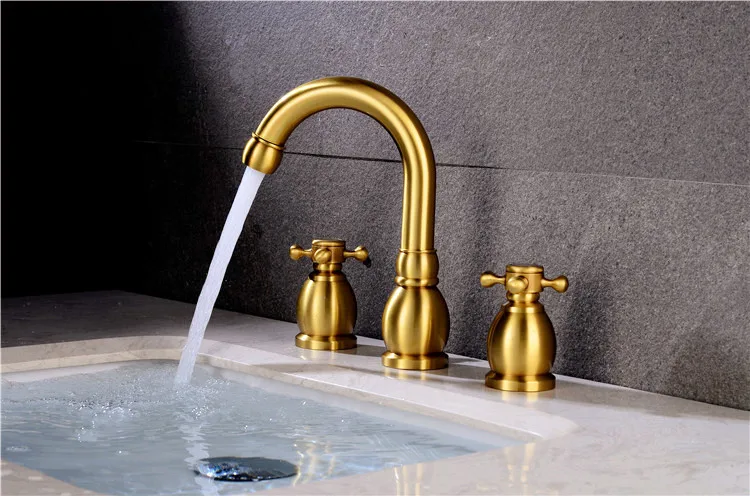 Brass 3 Holes Bathroom Taps Brushed Gold Basin Faucet