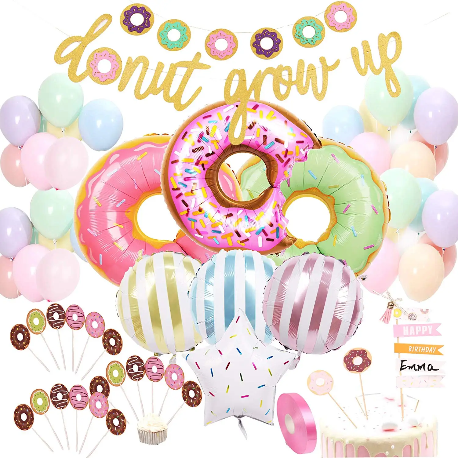 decorations kit, donut banner mylar foil, latex balloons cupcake