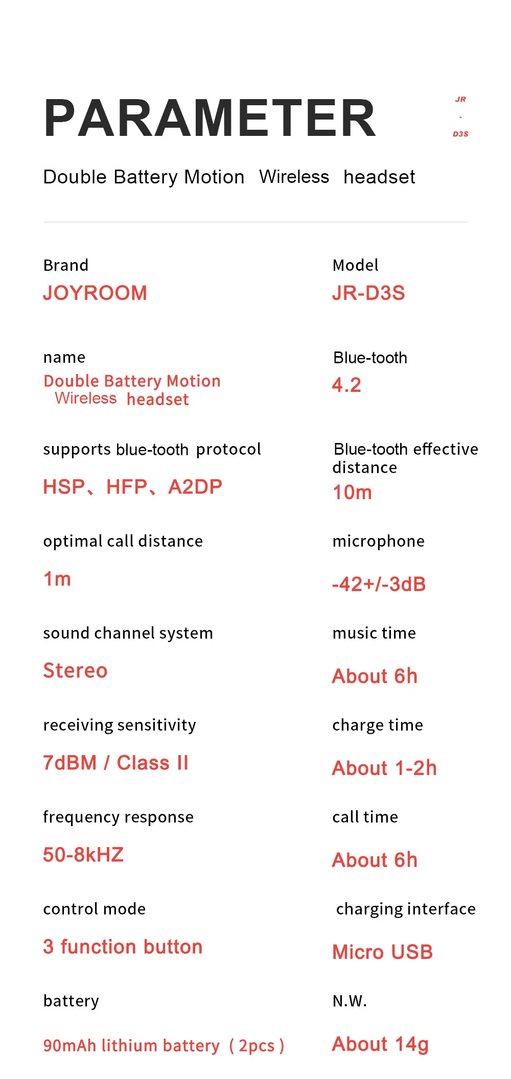 JOYROOM JR-D3S BT 4.2 Dual Battery Headset Sports Earphones Wireless - ANKUX.COM