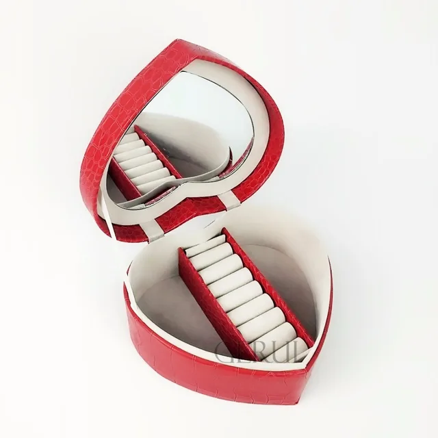 Leather Creative Heart Shaped Glass Jewelry Box Mirrored Ring Jewelry Packaging Gift Box