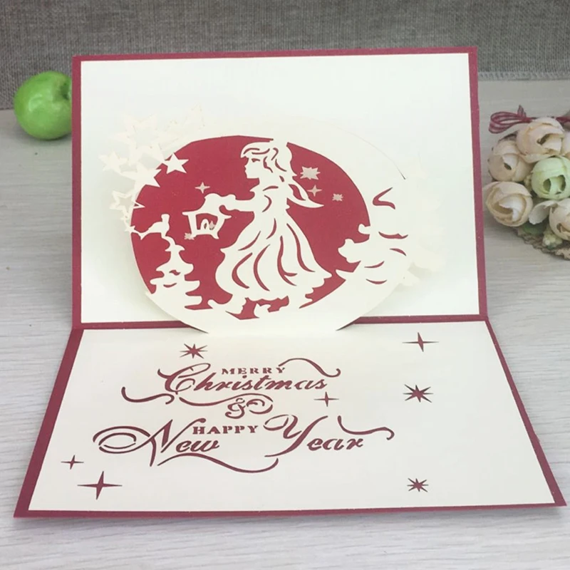 1pcs Christmas Girl 3D Laser Cut Greeting Pop Up Card Invitation Custom Postcards Christmas Thanksgiving Day Party Gifts (2)
