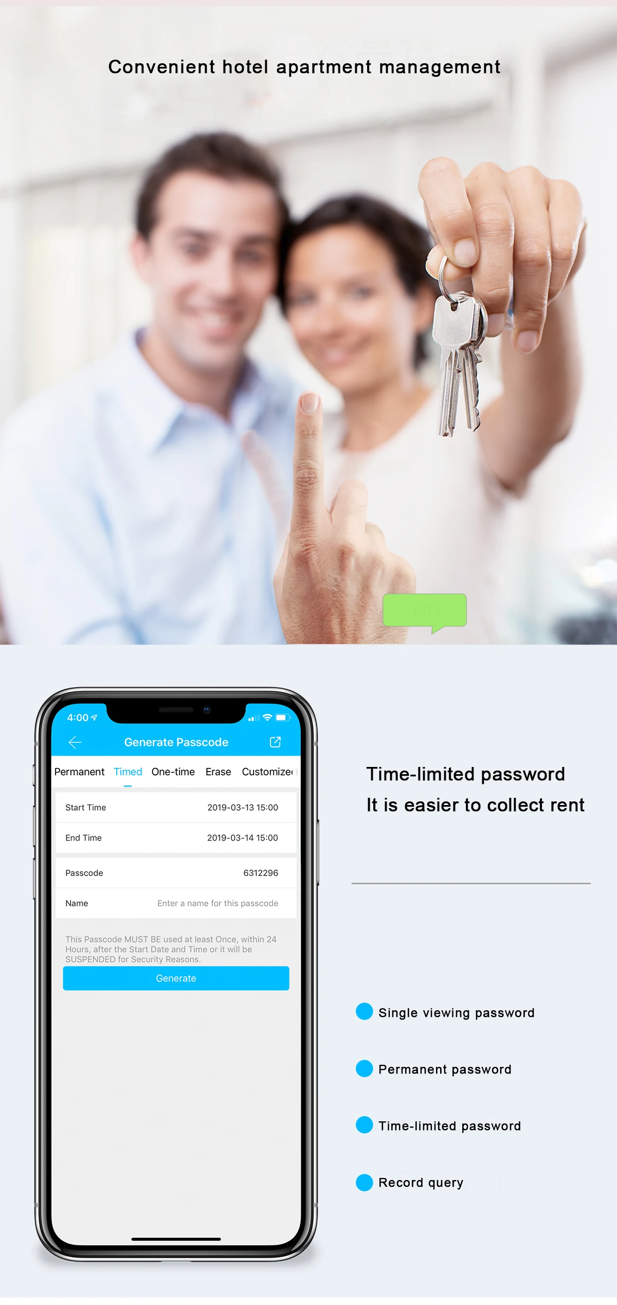 Smart phone lock app control bluetooths fingerprint password door lock support Android and IOS phone system