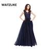Guangzhou factory designs Beaded V-neck mesh stitching dark blue formal evening gowns ,beaded evening tops for evening wear