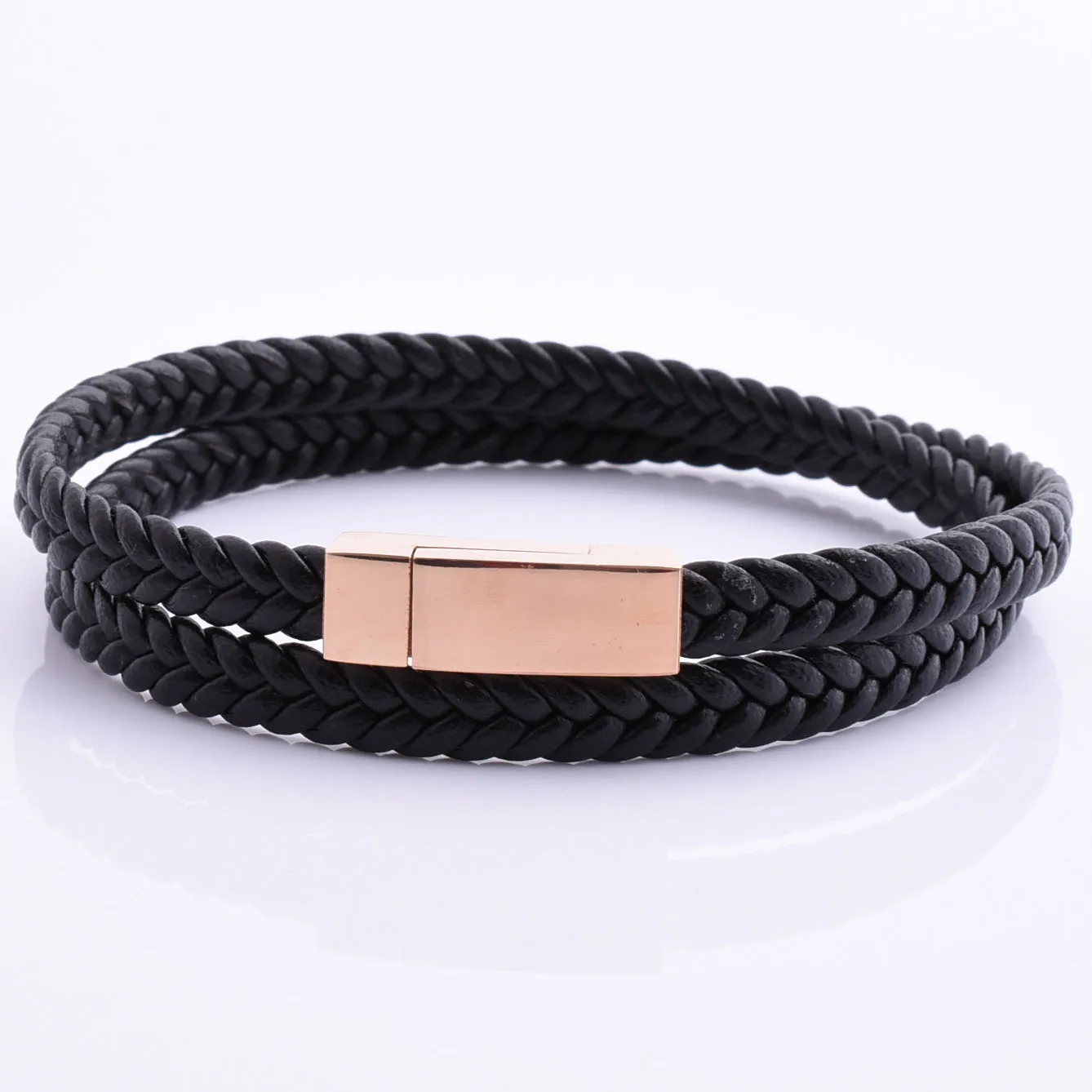 Good Quality Men 316L Stainless Steel Metal Clasp Flat Black Leather Bracelet