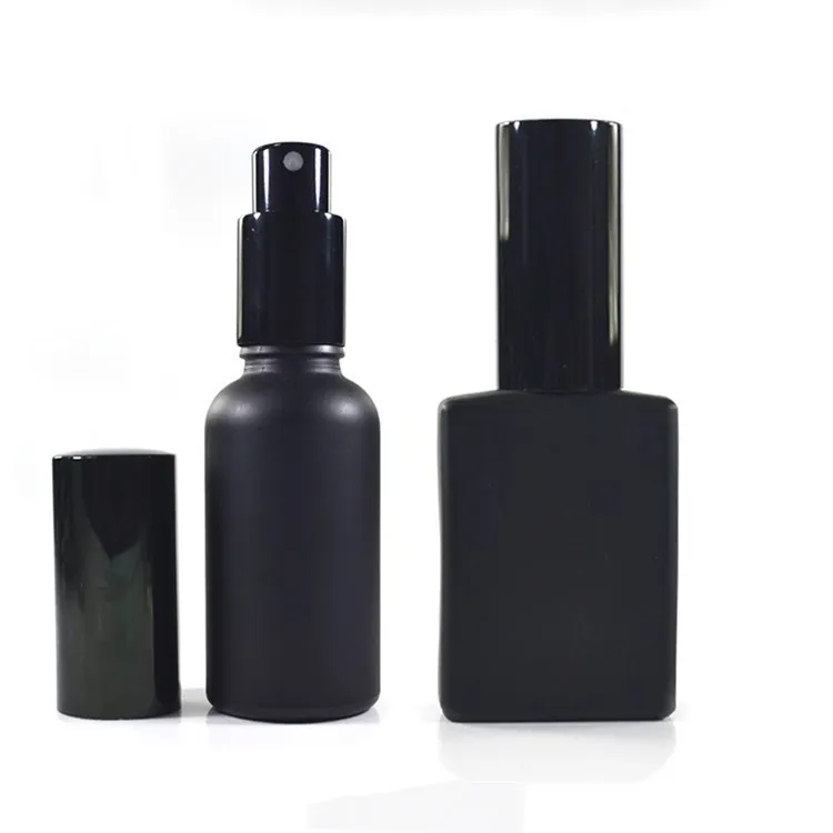 Kosmetische runde rechteck Violet matte schwarz 30 ml 50 ml 100 ml nachfüllbar glas parfüm spray flasche mit aluminium spray pumpe kappe