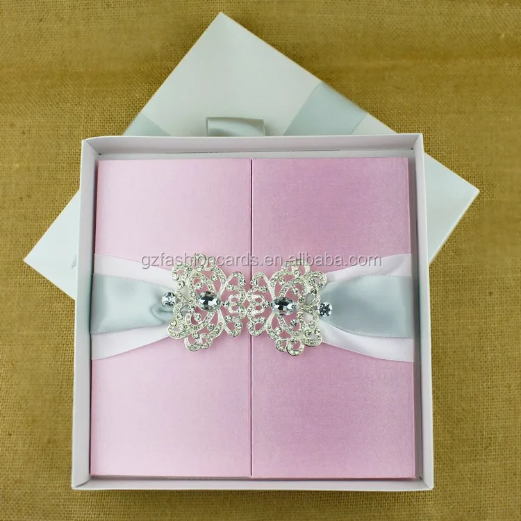 pink silk folio with ribbon box for wedding invitation card
