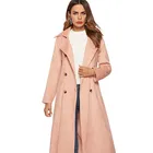 Factory Latest Pink Tie Waist Double Breasted Corduroy Windbreaker Jacket Women Autumn Trench Coat Long