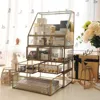 Antique Spacious Makeup Organizer Mirror Glass Drawers Brass Metal Cosmetic Vanity Storage Stunning Jewelry Cube Countertop