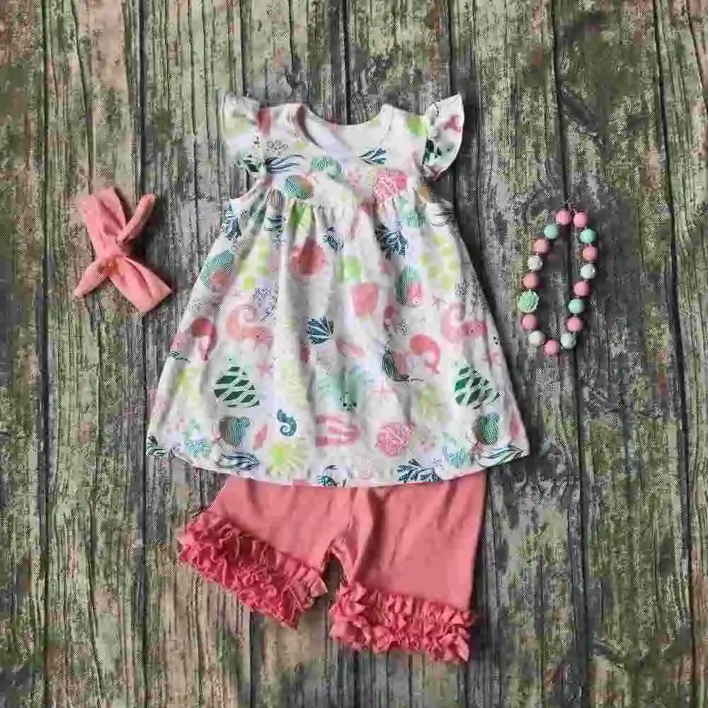 Summer baby girls clothes coral ocean world fish under the sea boutique shorts cotton kids wear ruffles match accessories