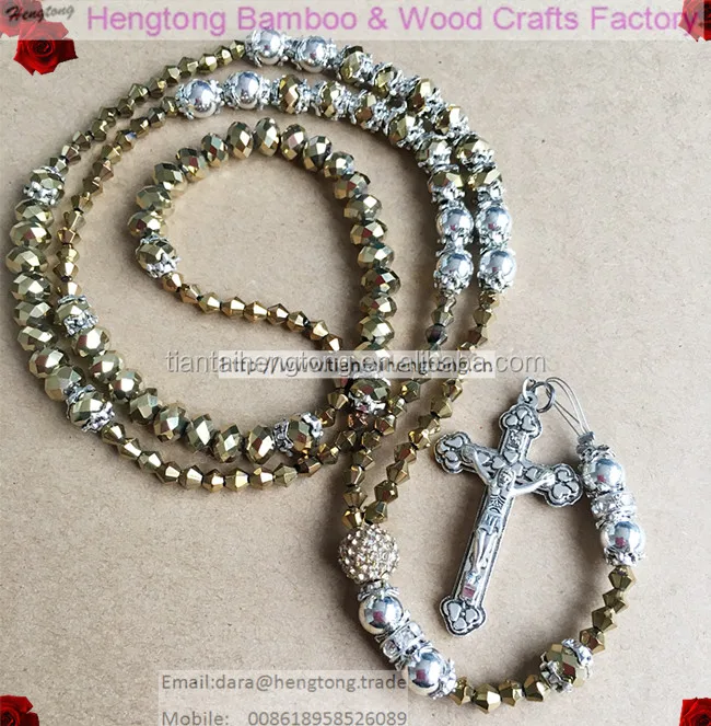 6*8mm golden or silver crystal rosary beads with 10mm rhinestone