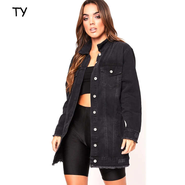 Gevşek tasarım kadınlar uzun denim ceket büyük boy siyah seksi ripped sıkıntılı denim ceketler rüzgar jean ceket bayanlar için