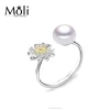 Gold Plated Sterling Silver Daisy Flower Freshwater Pearl Open Free Size Adjustable Ring