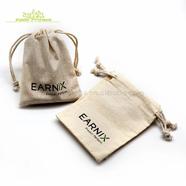 logo silk printed small drawstring bag 100% organic cotton