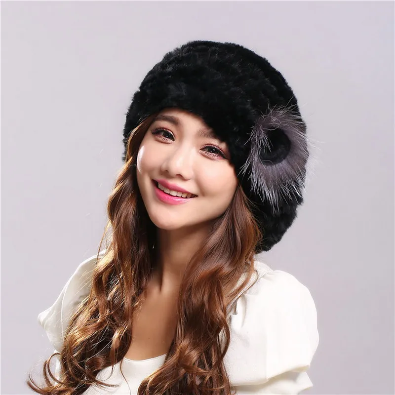 Winter Hat  Women's Genuine Rex Rabbit Fur Hats Beanies Warm Casual Female Knitted Natural Fur Hat Caps  (28)