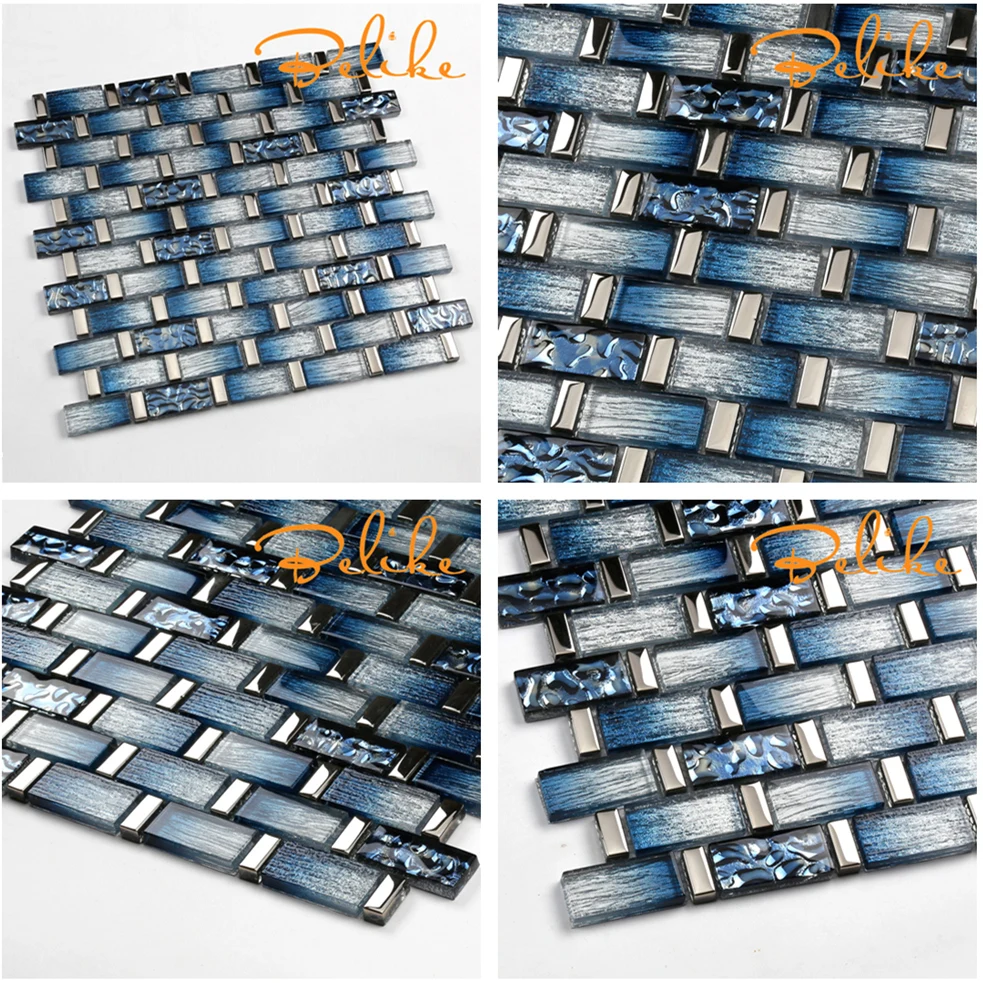 Glass Blue Gradient Tactile Mosaic Tile Linear Stacked Featured Wall Cladding Kitchen Backsplash Swimming Pool Bath Wall Tile