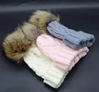 Teenager Lovely Pom Pom Cable Knitted Hats Real Natural Raccoon Fur Cap