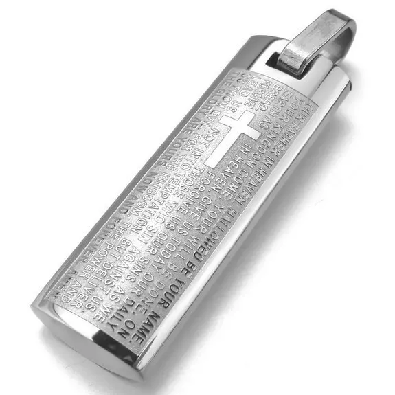 Men's Stainless Steel Pendant Necklace Silver Bible Cross Rectangle Solid Christian jewelry-with 23 inch Chain
