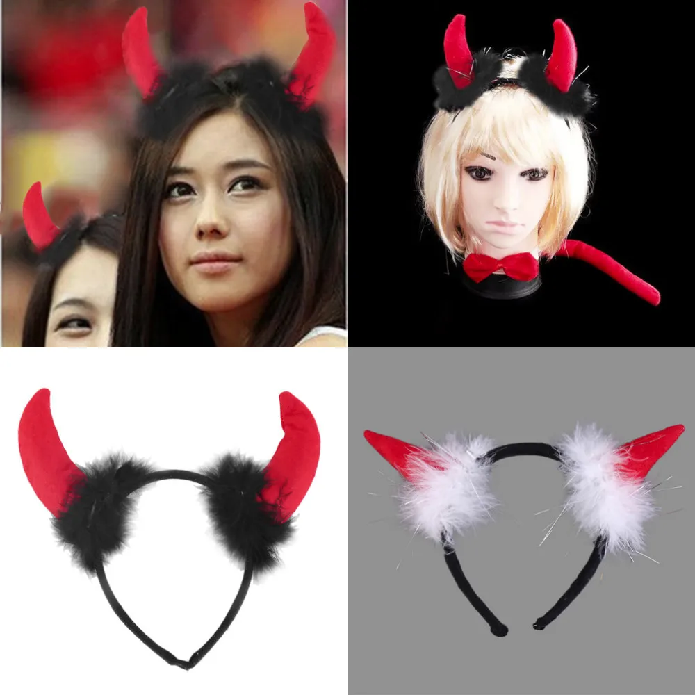 Cute Red Horn Sets Bow Tie 3Pcs Tail Party Ox horn Fancy Dress Costume For Christmas Halloween/Carnivals Large/Small Size