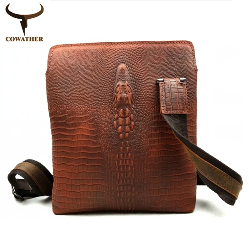 2015 men cow genuine leather messenger bags handbags vintage Crocodile pattern brown color male bag new style free shipping