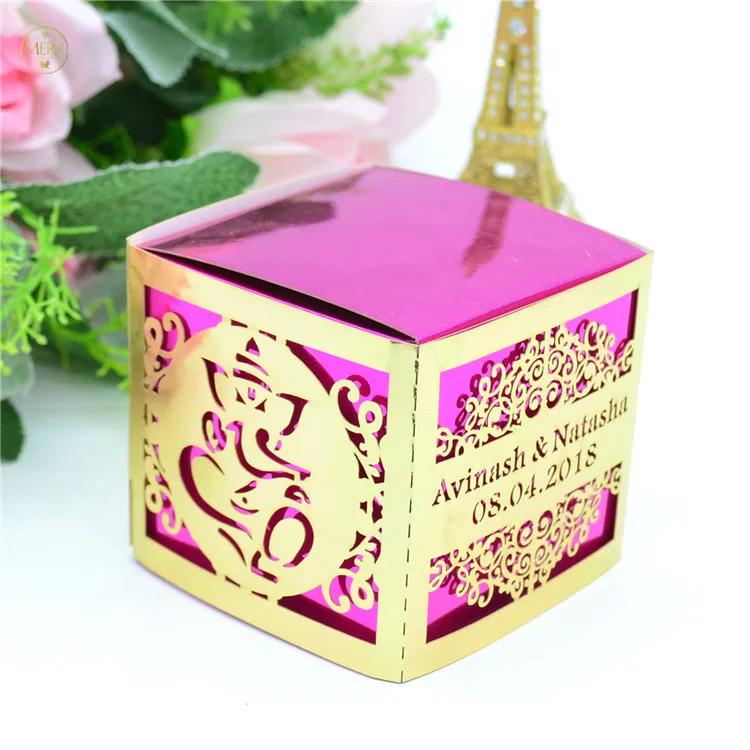 personalized laser cut pink silver cubic wedding gift box with