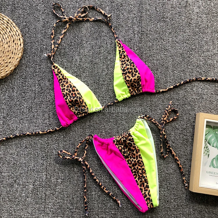 Sexy Leopard Patchwork Sling Tie Halter Thong Micro Bikini Sets