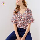 fashion chiffon V-neck long sleeve tops Plaid printing summer new designs ladies blouse