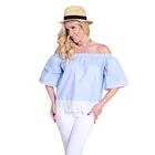 2018 Wholesale Summer Holiday Australian Wear Design Half Sleeve Shirt Lace Patchwork Off Shoulder Top Blue Blouse Women