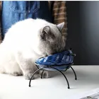 Pet products popular design colorful small cheap ceramic cat bowl with iron rack stand