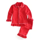 2019 Factory price Kids night sleepwear Red color Button Up Christmas Pajamas with ruffle