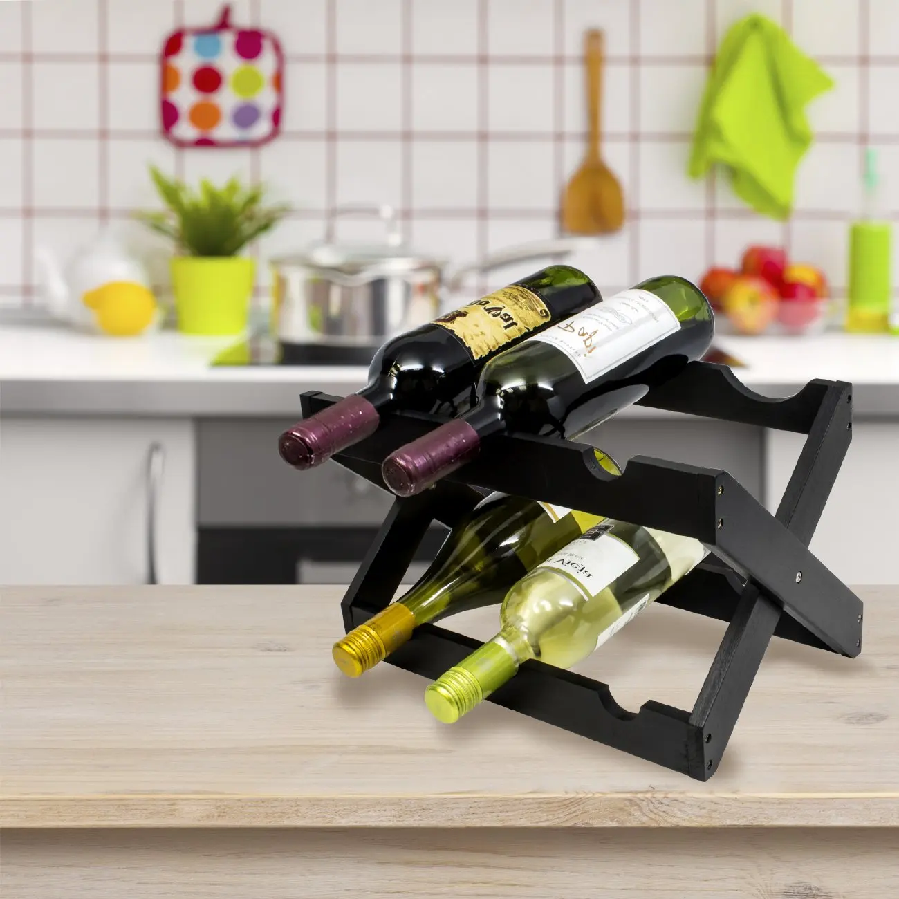 Bamboo Countertop Wine Rack which could put 6-bottles ,Foldable Black Wine Rack