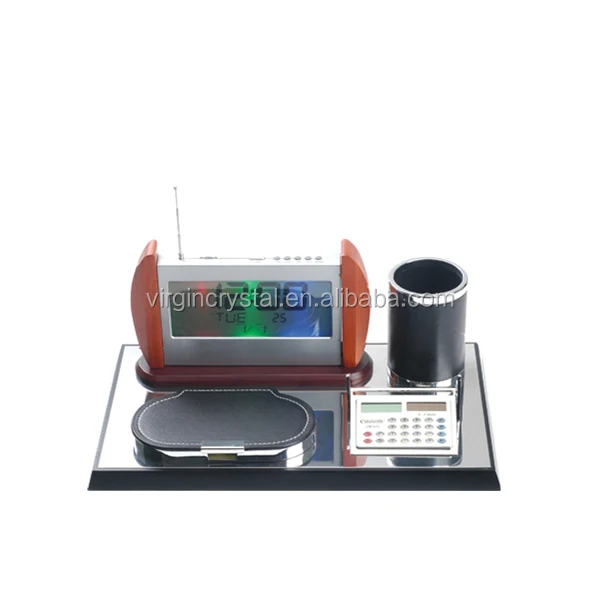 Hot Sale Wooden Desk Set with Digital Clock, Memo Holder, Pen Holder and Calculator