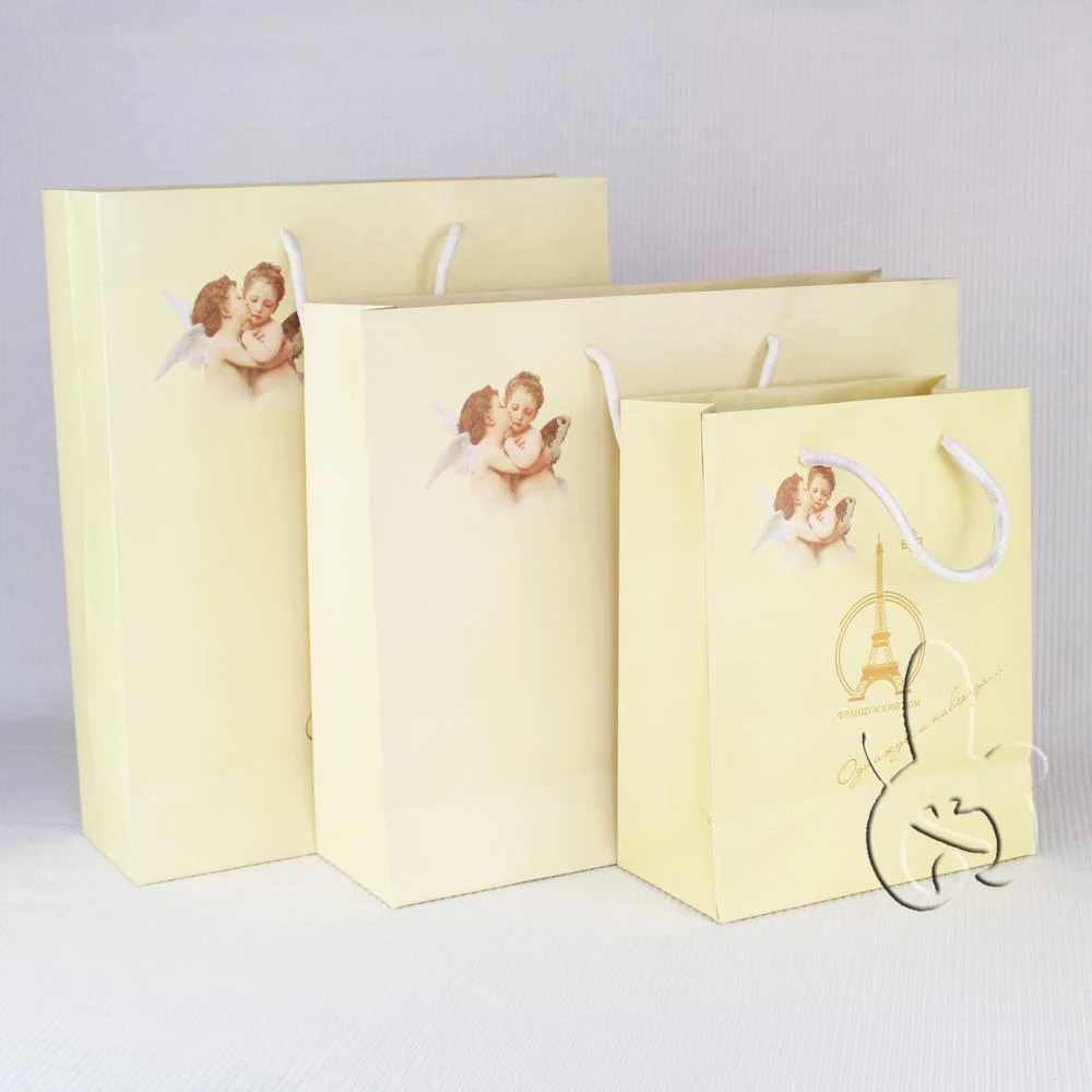 lovely angel tower design yellow paper gift bag with drawstring