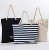 Custom Printed Standard Size Stripe Pattern Cotton Canvas Tote Bag With Rope Leather Handles