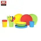 Haixing wholesale BPA free kitchen colorful 24pcs plastic dinnerware set with fork, knife, spoon