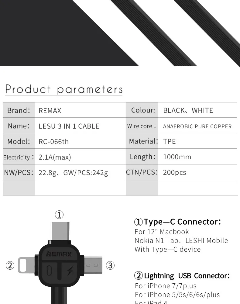 Shenzhen Remax RC-066th LESU 3 in 1 USB Charging Cable - ANKUX.COM
