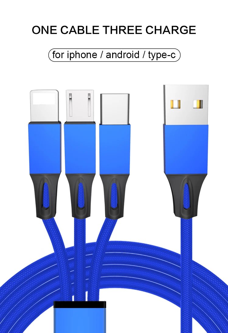 Nylon braided 3ft 6ft 10ft usb 3.0 charger cable micro usb 8pin type C fast charging data cable 3 in 1 fast charger nylon - ANKUX.COM
