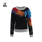 Winter Black Crew Neck Jacquard Sequin Plain Knitted Women Chompas Pullover