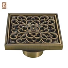 European Style Bathroom Fitting 4 Inch Square Antique Brass Push Down Pop Up Floor Drain With Cover