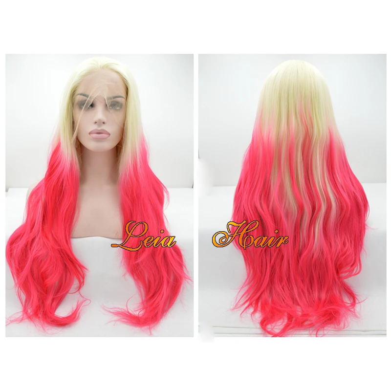Ombre BlondeTo Red Pink Long Wavy Synthetic Lace Front Wig New Fashional Heat Resistant Hair Kanekalon Glueless Lace Ombre Wigs